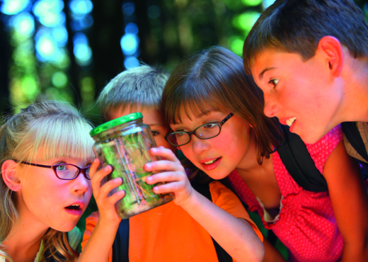 4 Kinder schauen auf ein verschlossenes Einmachglas