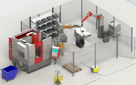 Graphic illustration of two machines working together in a room